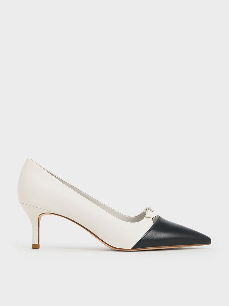 Two-Tone Buckle-Strap Pointed-Toe Pumps, White, hi-res