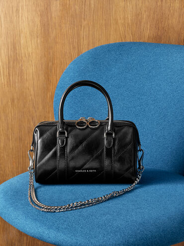 Philomena Panelled Chain-Handle Bowling Bag, Noir, hi-res