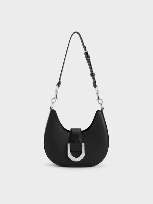 Bolso hobo Gabine de piel con adornos de cristales, Noir, hi-res