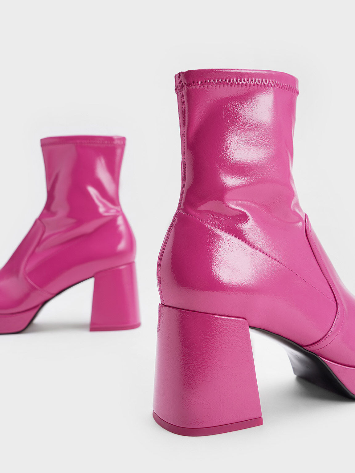 Fuchsia Patent Crinkle Effect Block Heel Boots CHARLES KEITH AE