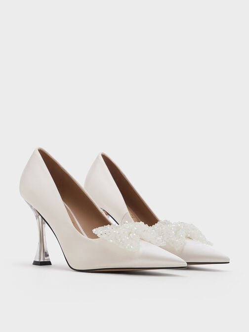 Recycled Polyester Beaded Bow Pumps, White, hi-res