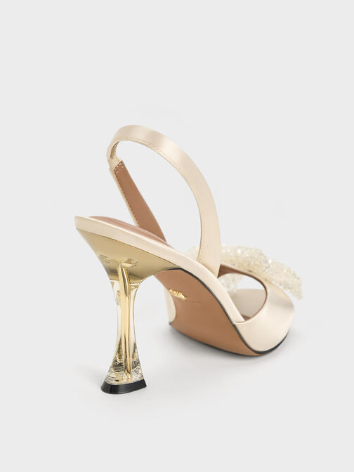 Recycled Polyester Beaded Bow Slingback Pumps, Champagne, hi-res