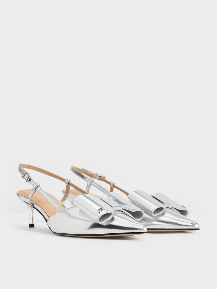 Bombas Slingback com arco de couro metálico Lu, Silver, hi-res