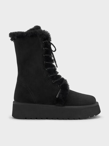 Faux Suede & Faux Fur Foldover Flatform Boots, Black Textured, hi-res