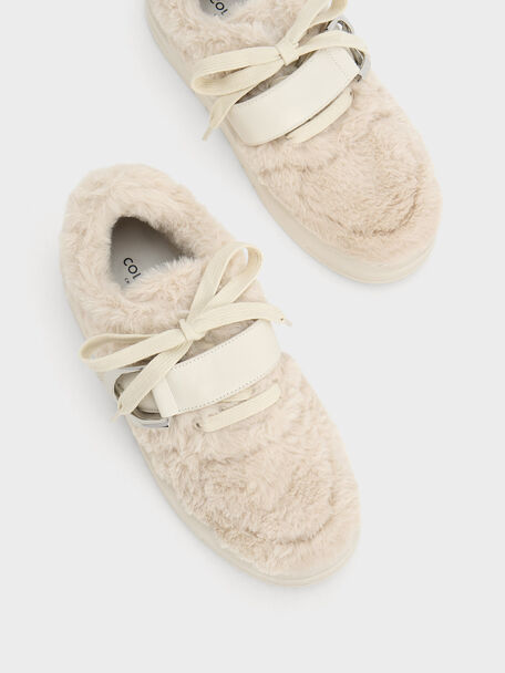 Gabine Leather Furry Sneakers, Beige, hi-res
