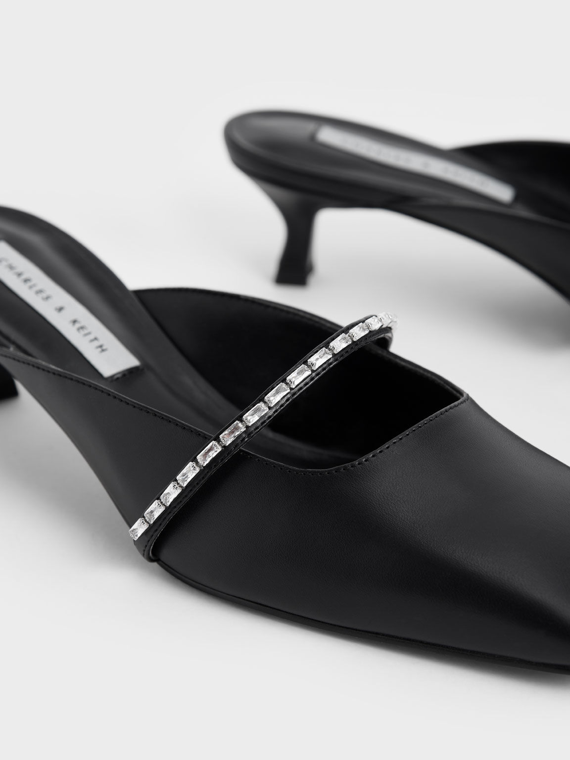 Black Gem-Embellished Square Toe Mules 