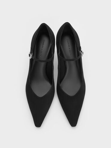 Faux Suede Pointed-Toe Stiletto-Heel Mary Jane Pumps, Black Textured, hi-res
