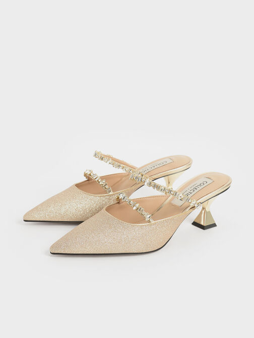 Gem-Encrusted Metallic Glittered Mules, Gold, hi-res