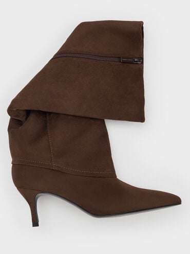 Faux Suede Pointed-Toe Stiletto-Heel Knee-High Boots, Dark Brown Textured, hi-res