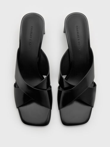 Georgina Crossover-Strap Blade-Heel Mules, Black Box, hi-res