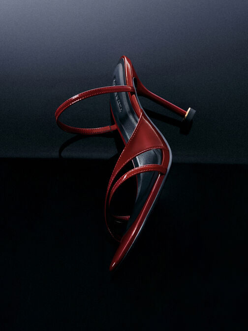 Patent Crossover Sculptural-Heel Strappy Mules, Red, hi-res