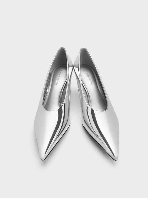 Zapatos metalizados de tacón bajo con punta afilada, Plateado, hi-res