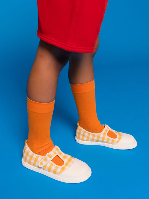 Girls' Linen Front-Strap Gingham-Print Shoes, Yellow, hi-res