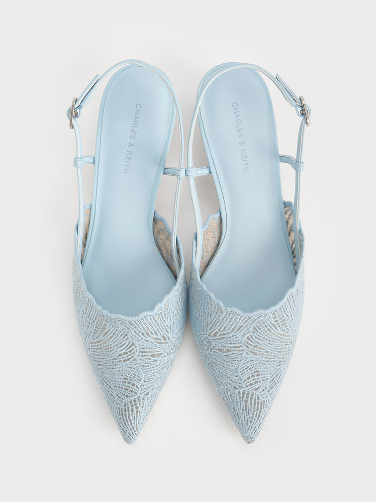 Crochet Floral Pointed-Toe Slingback Pumps, Blue, hi-res