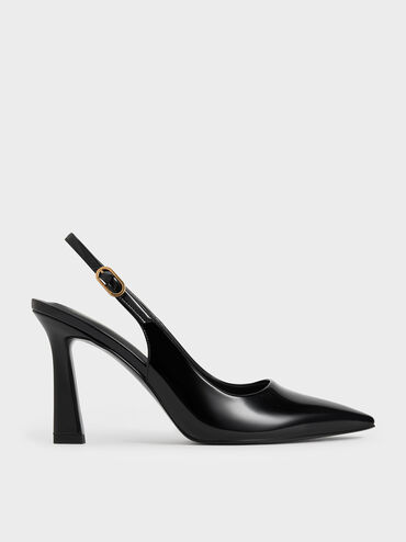 Patent Trapeze Heel Slingback Pumps, Black Patent, hi-res