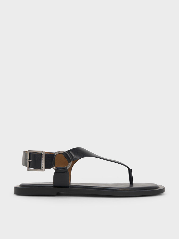 Wide-Strap Buckled Thong Sandals, Black, hi-res