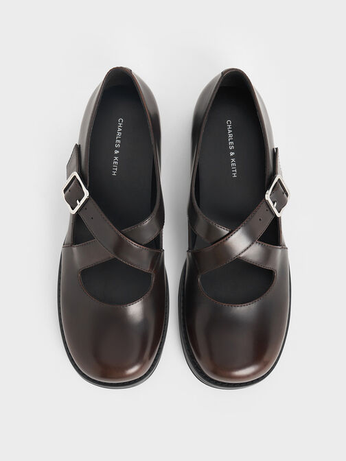 Crossover-Strap Buckled Mary Janes, Dark Brown, hi-res