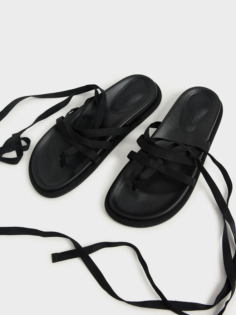 Grosgrain Tie-Around Thong Sandals, Black, hi-res