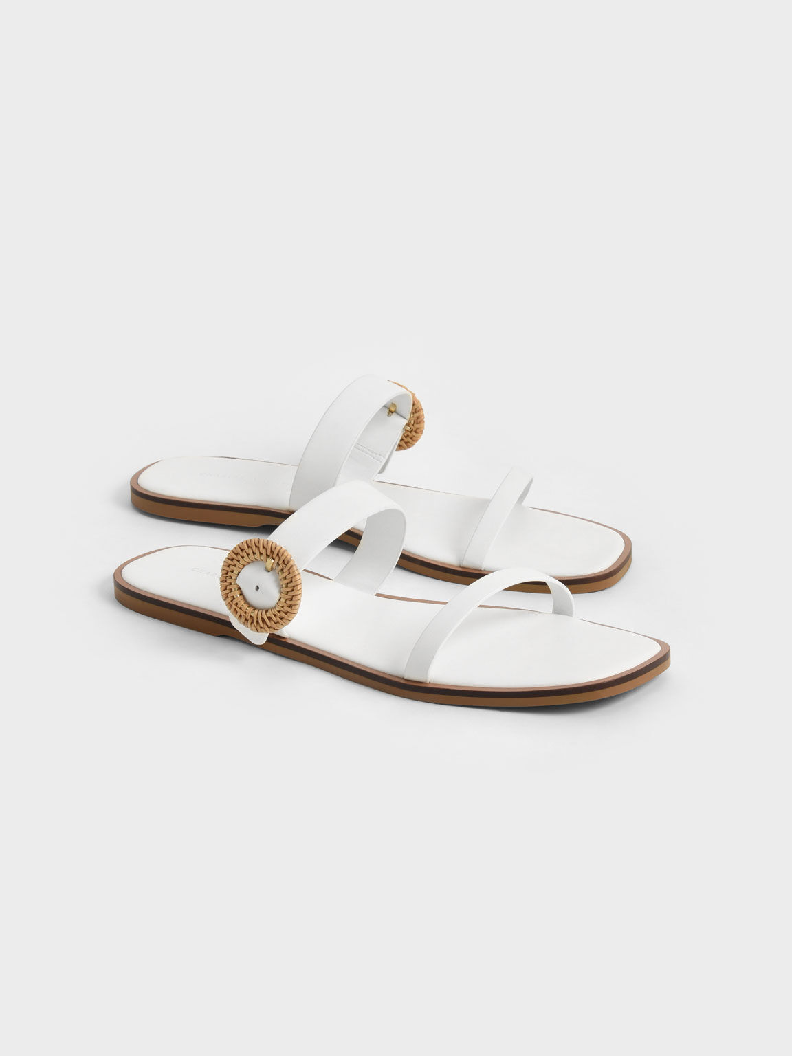 Woven Buckle Slide Sandals, White, hi-res
