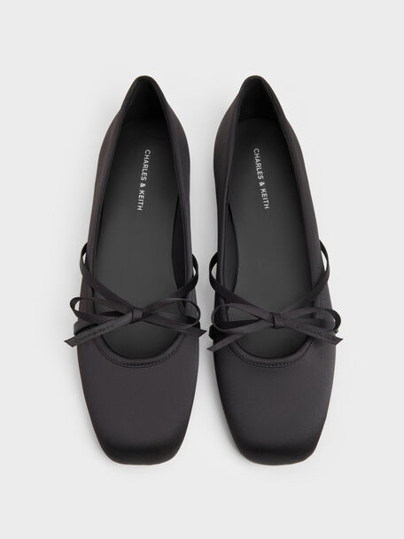 Satin Bow Ballet Flats, Black Textured, hi-res