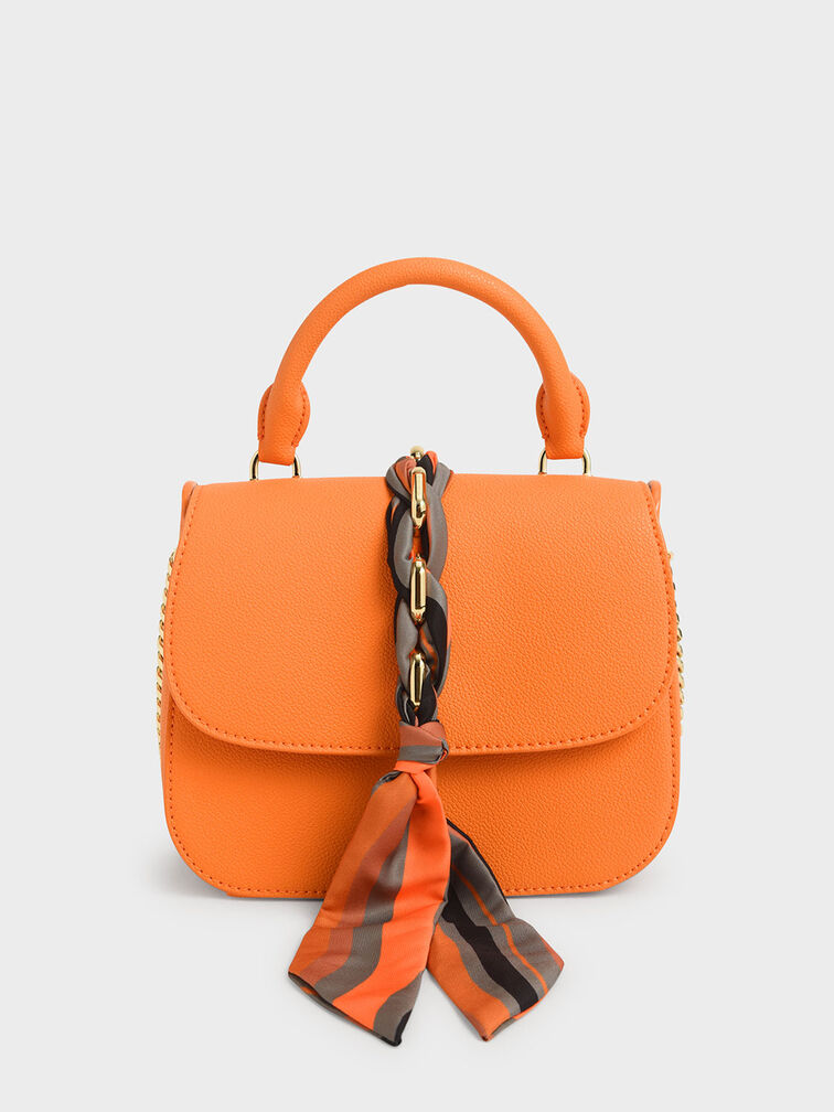絲巾掀蓋手提包, 橘色, hi-res