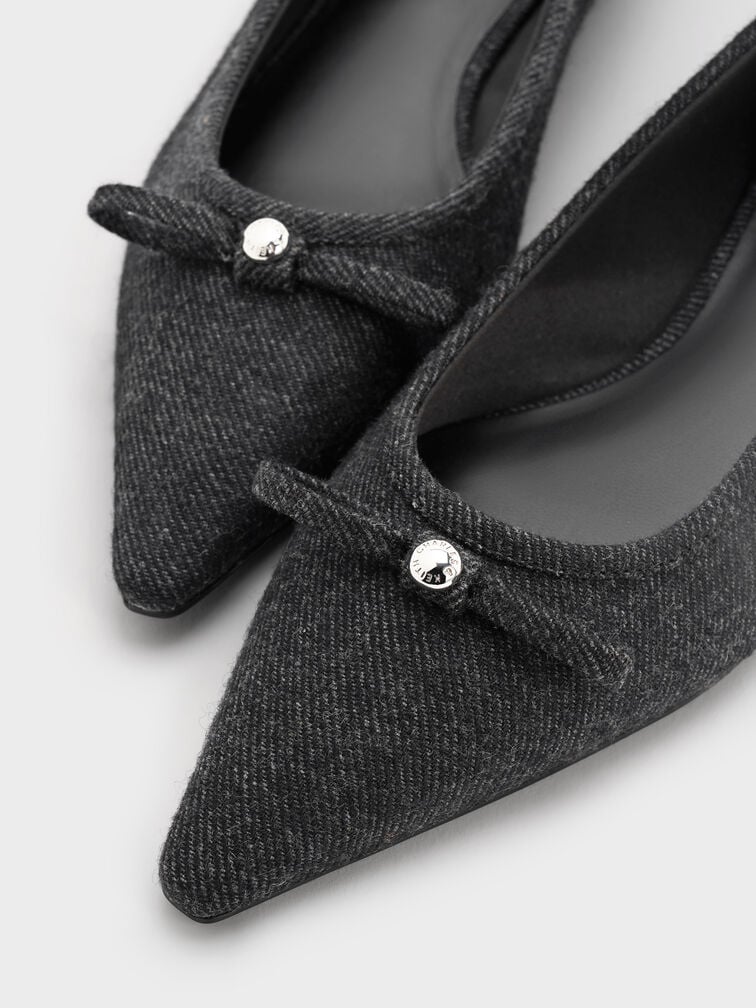 Felt Bow Metallic-Accent Pointed-Toe Ballet Flats, Dark Grey, hi-res