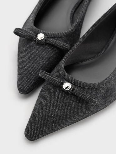 Felt Bow Metallic-Accent Pointed-Toe Ballet Flats, Dark Grey, hi-res