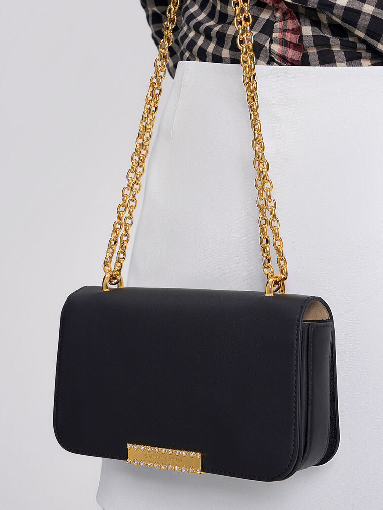 Leather Chain Strap Bag, Black, hi-res