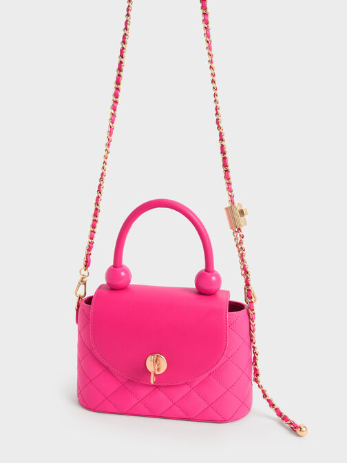 Round Quilted Top Handle Bag, Fuchsia, hi-res