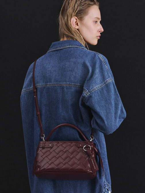 Ivette Woven Top Handle Bag, Wineberry Red, hi-res