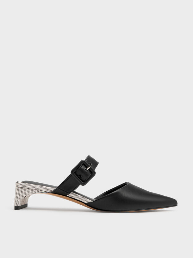 Buckle-Strap Heeled Mules, Black, hi-res