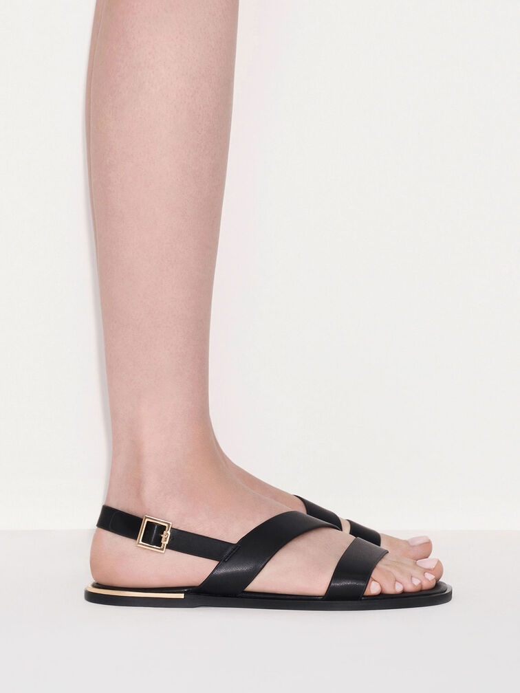 Asymmetric Strap Slingback Flats, Black, hi-res