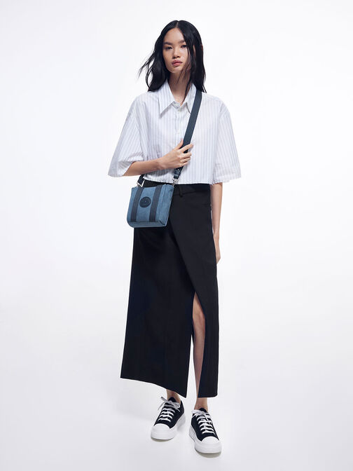 Mini Kay Denim Contrast-Trim Tote Bag, Blue, hi-res