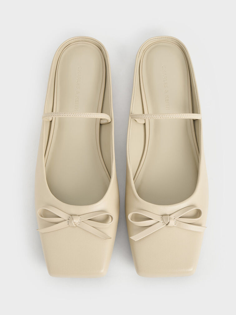 Mules de balé com bico quadrado e laço, Beige, hi-res