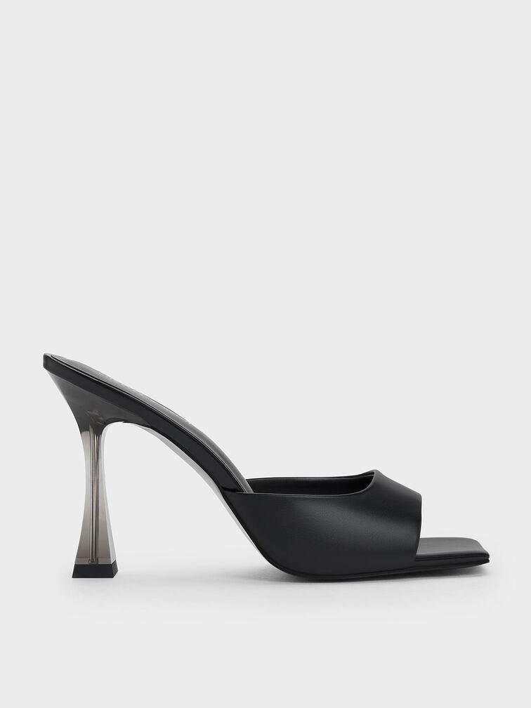 Clear Flared Heel Mules, Black, hi-res