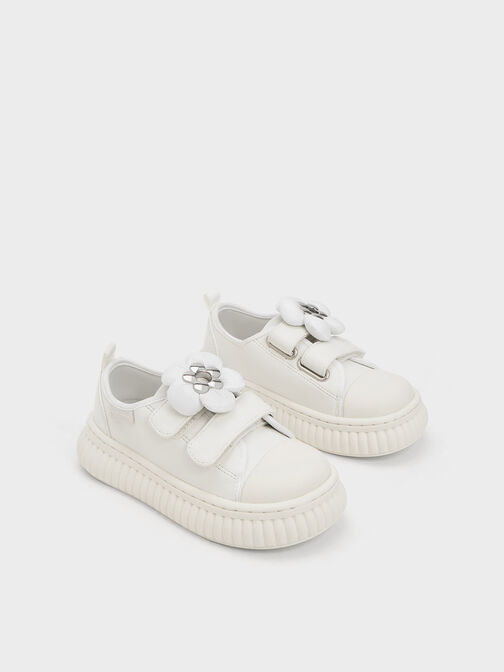 Girls' Puffy Flower Sneakers, White, hi-res