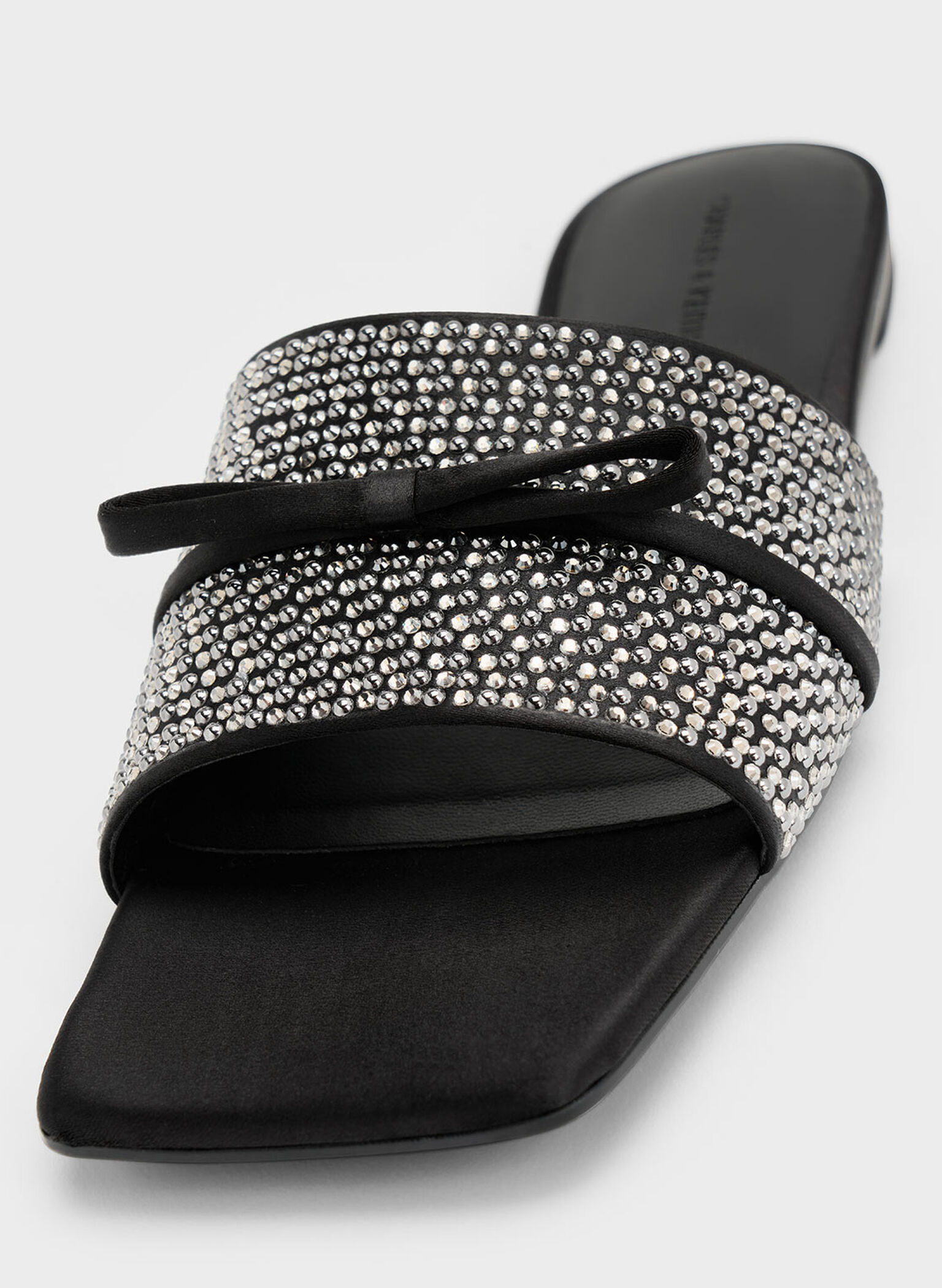 Satin Crystal-Embellished Bow Slide Sandals, Black Textured, hi-res