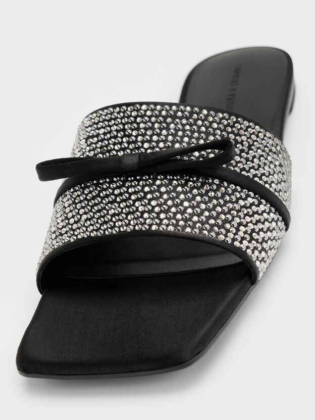 Satin Crystal Bow Slide Sandals, Black Textured, hi-res