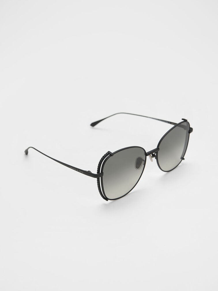 Embellished Half-Frame Butterfly Sunglasses, Black, hi-res