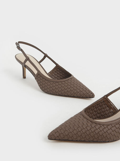 Woven Slingback Pumps, Brown, hi-res