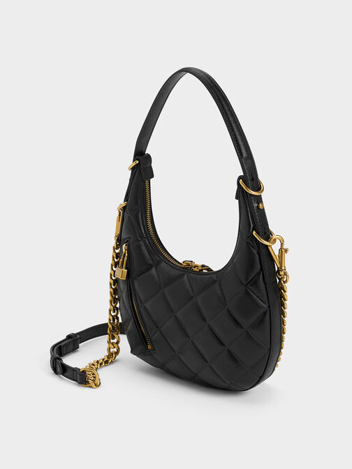 Swing Padlock Quilted Crescent Bag, Black, hi-res