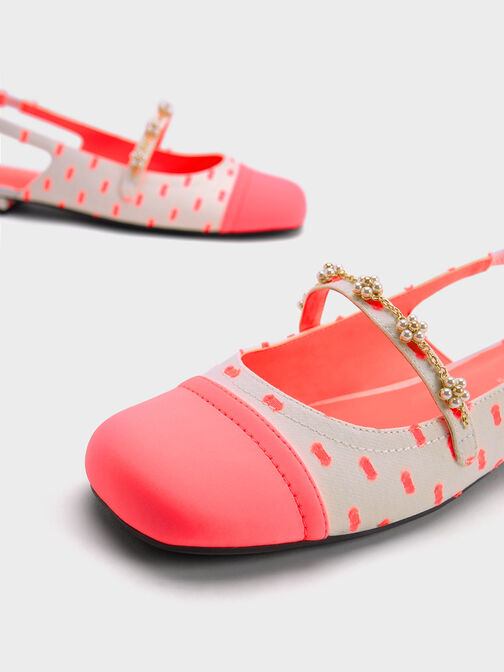 Beaded Flower Printed Slingback Flats, Coral Pink, hi-res