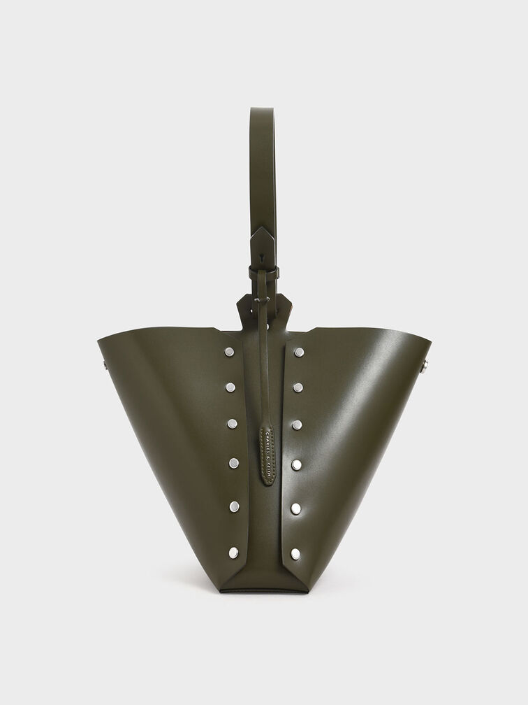 Reversible Studded Trapeze Shoulder Bag, Olive, hi-res