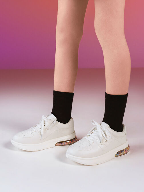 Girls' Beaded Sole Lace-Up Sneakers, White, hi-res