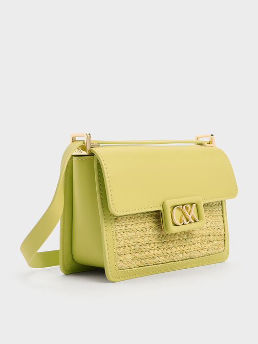 Leather & Raffia Boxy Bag, Lime, hi-res