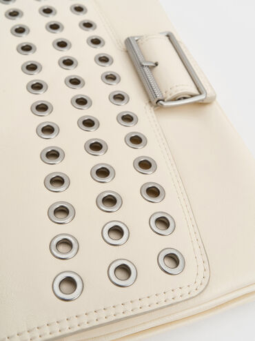 Bolso Liv con asa de cadena y ojales, Crema, hi-res