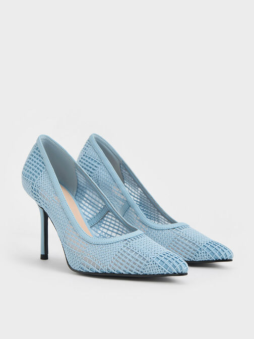 Mesh Woven Pointed-Toe Pumps, Blue, hi-res