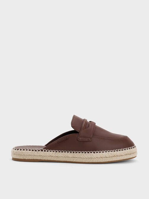 Penny Loafer Backless Espadrilles, Brown, hi-res