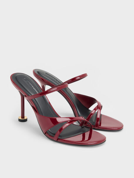 Patent Crossover Sculptural-Heel Strappy Mules, Red, hi-res