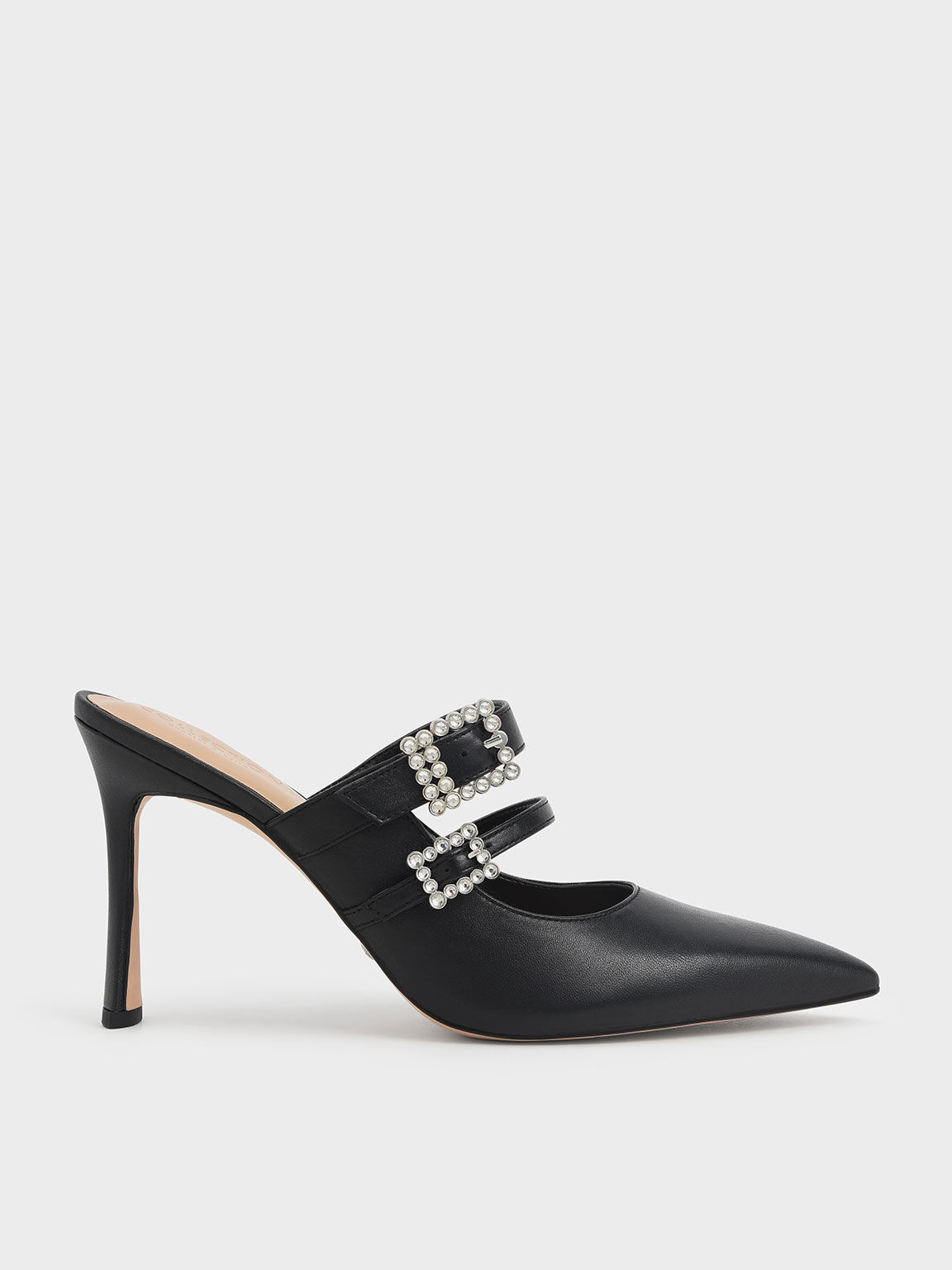 Black Leather Gem-Embellished Stiletto Mules - CHARLES & KEITH PH